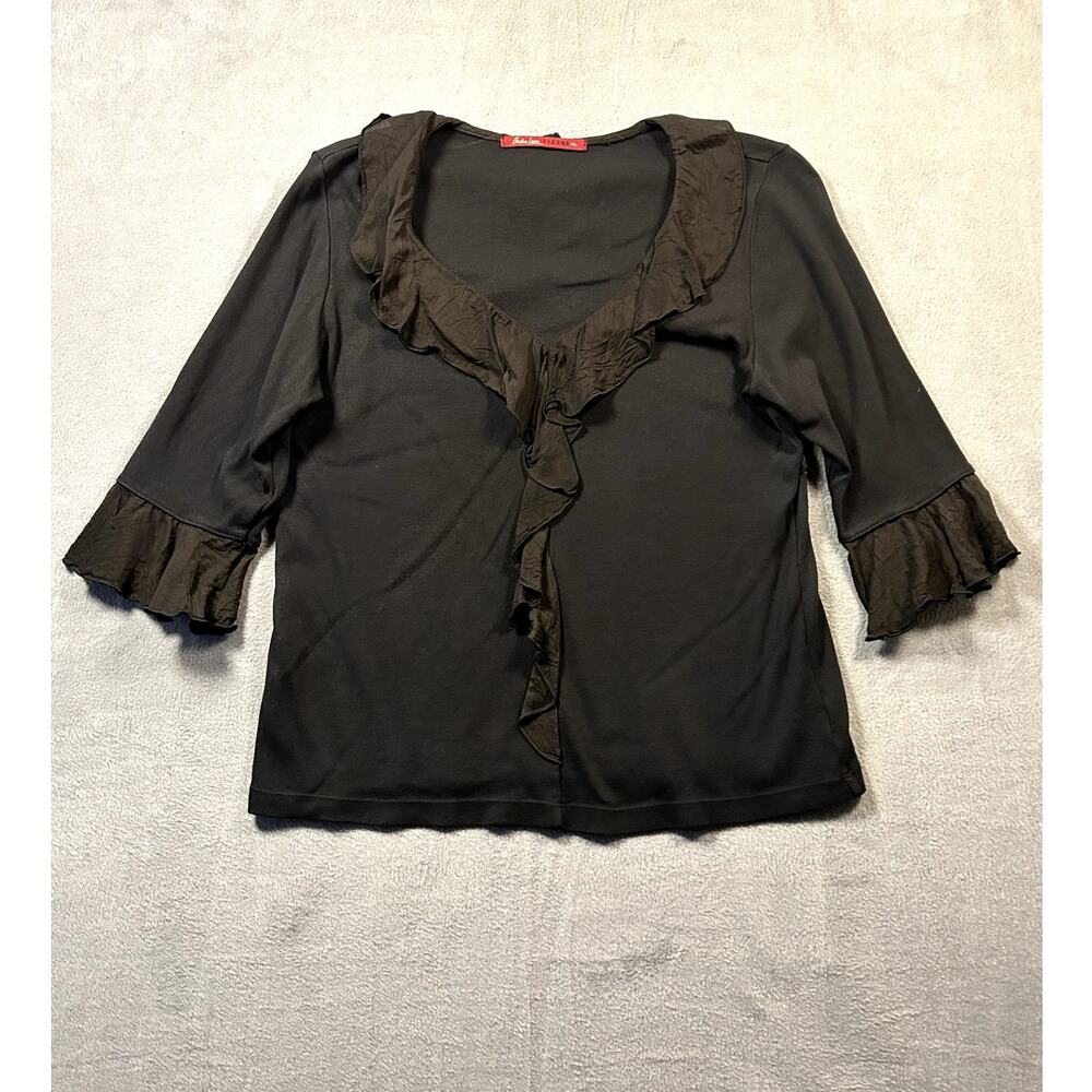 Barbara Lesser Women's XL Black Ruffle Trim V-Neck 3/4 Sleeve Knit Blouse Top 1X